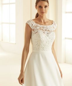 Bianco Evento A lijn bruidsjurk Octavia stretch chiffon kant boothals
