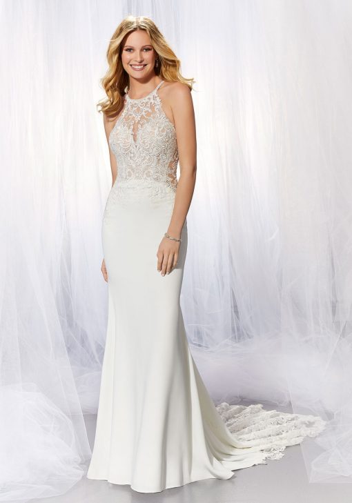 strakke halter trouwjurk mori lee