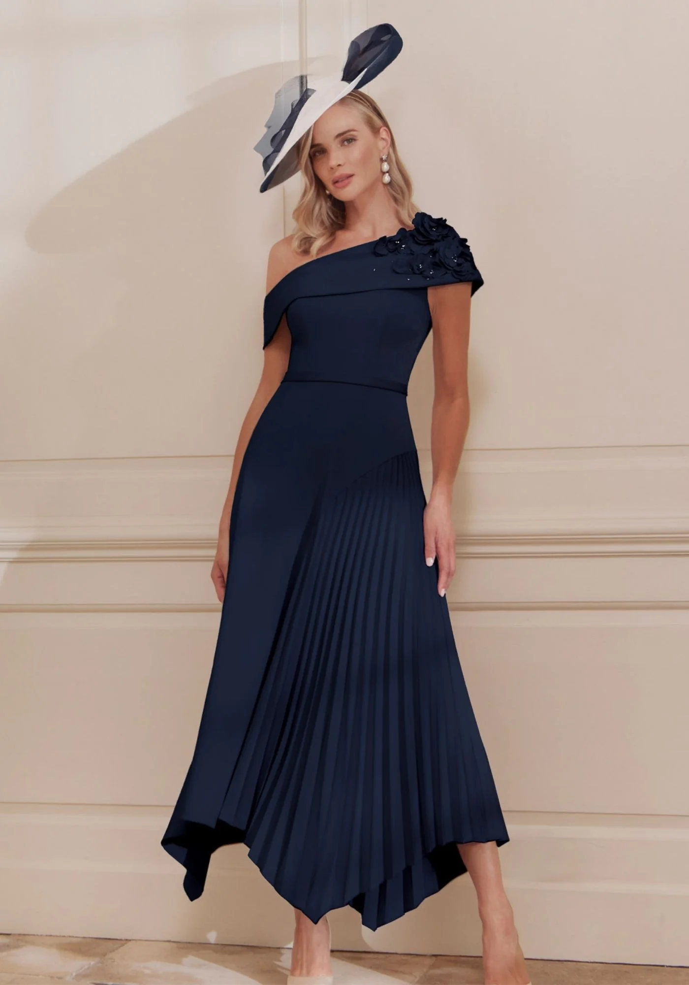 navy jurk moeder van de bruid off shoulder